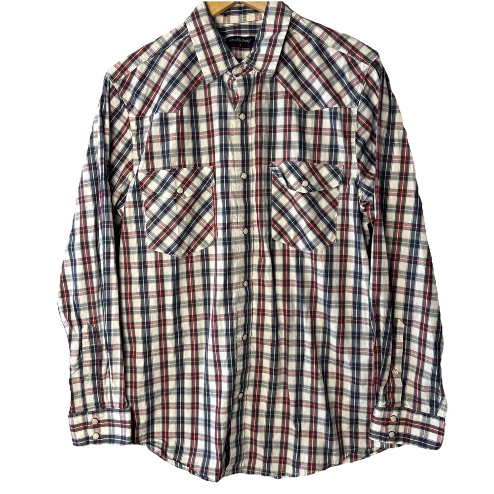 Double Pump Western Shirt Mens M Red White Blue Long Sleeve Plaid Snap Button